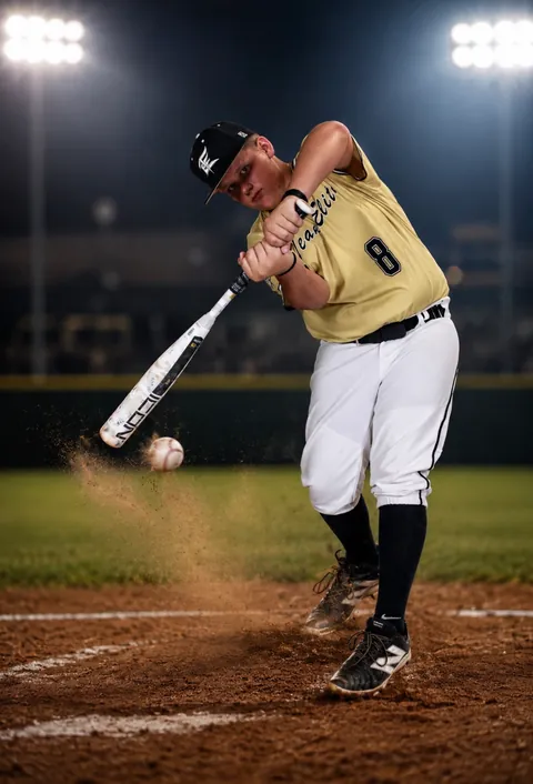 Baseball player swinging under stadium lights
