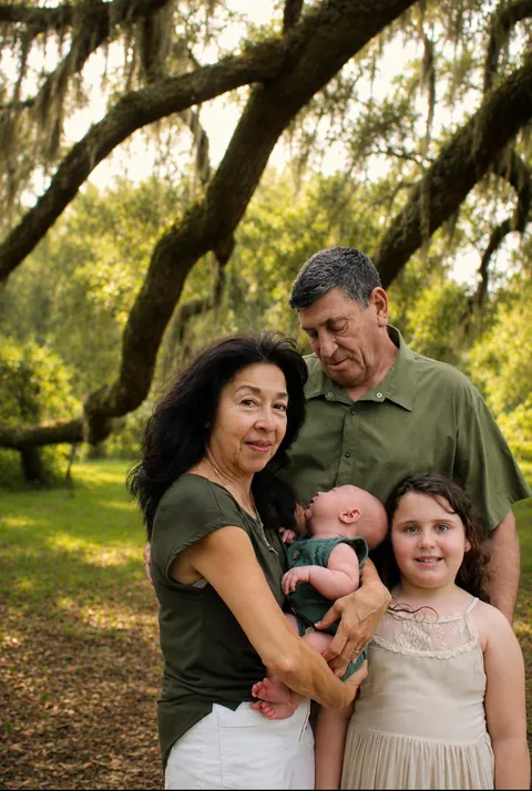 Family gathered under a live oak with a baby in arms
