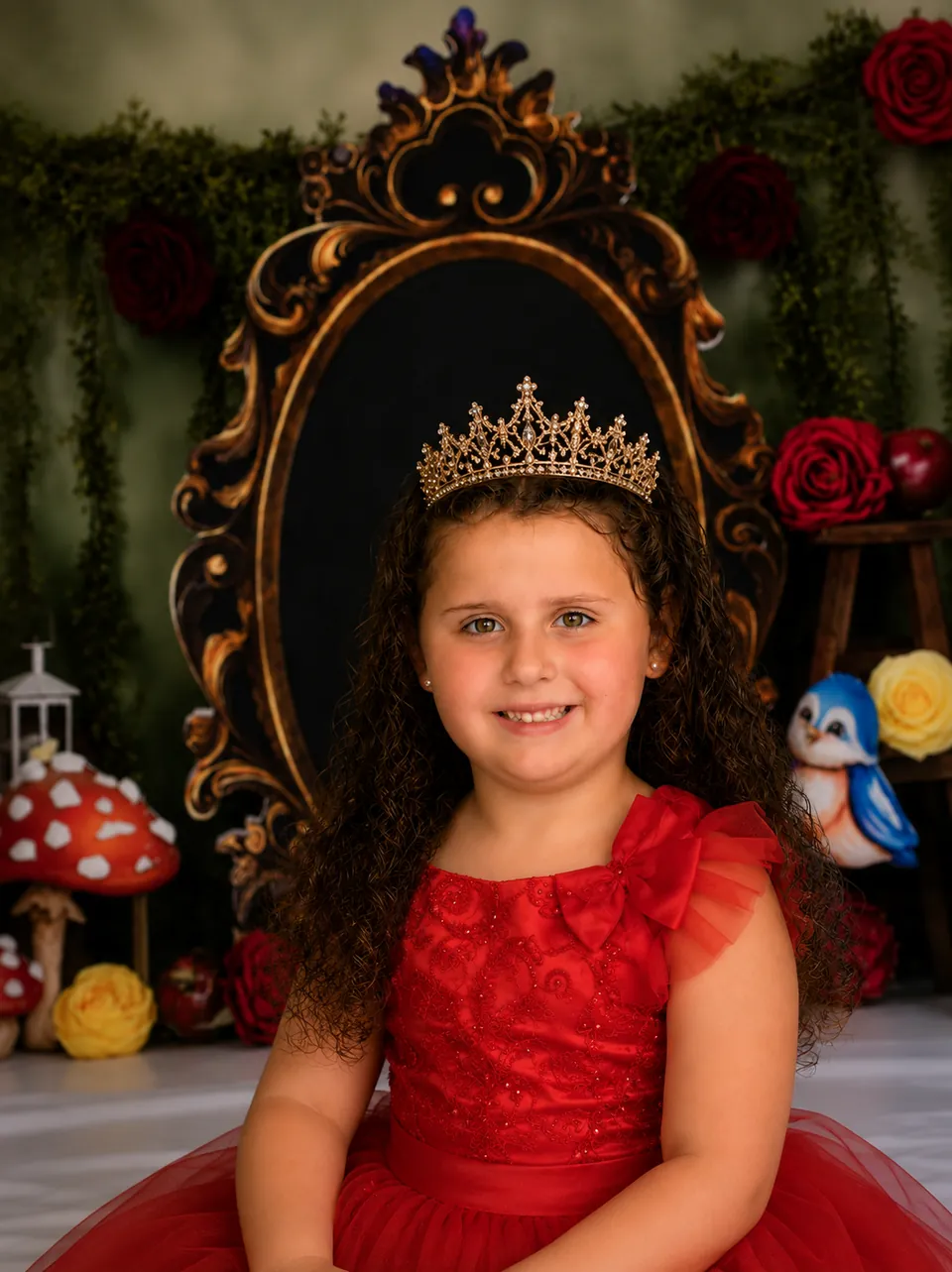 Girl in a red dress and crown in front of an ornate mirror